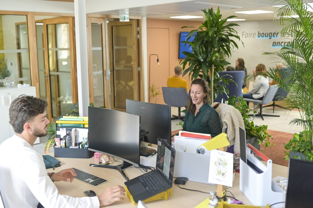 Des postes de travail dans un bureau partagé, entre plantes et cloisons vitrées