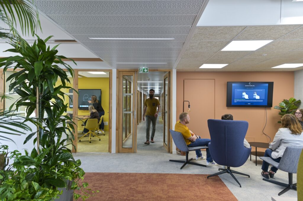 Un espace de travail partagé : salles vitrées, plantes et coin salon