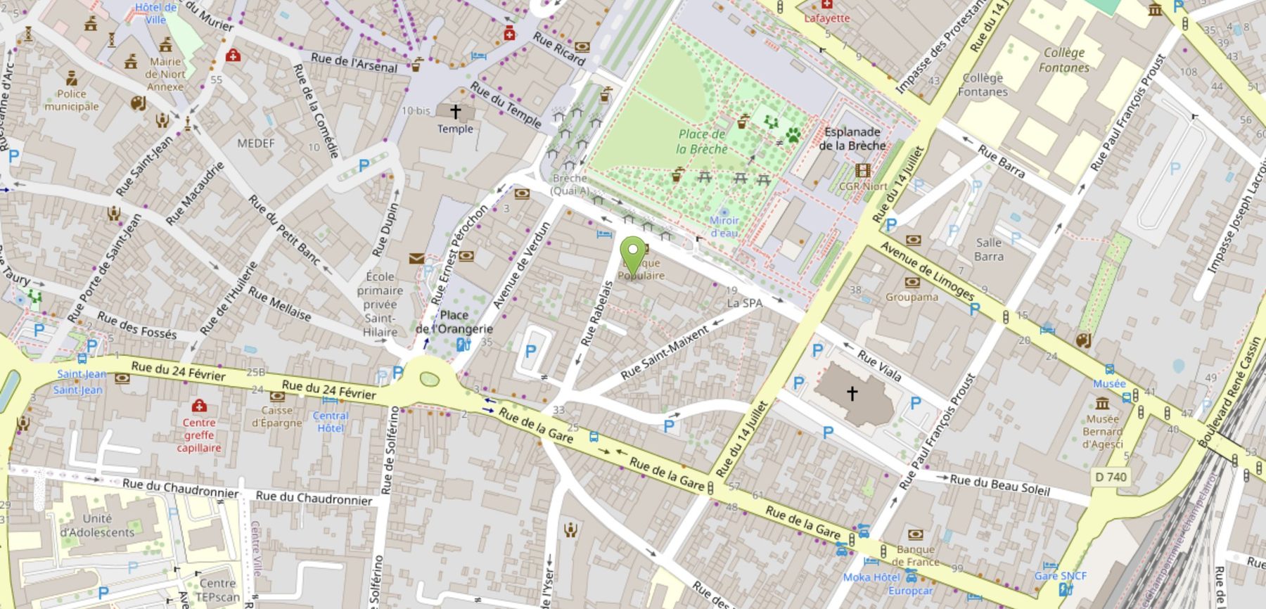 Plan du centre-ville de Niort situant Niort Tech, avenue Jacques Bujault, face à la place de la Brèche